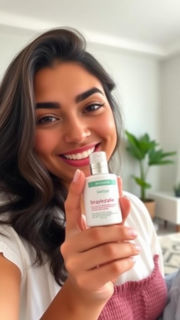 Latina UGC creator reviewing skincare product