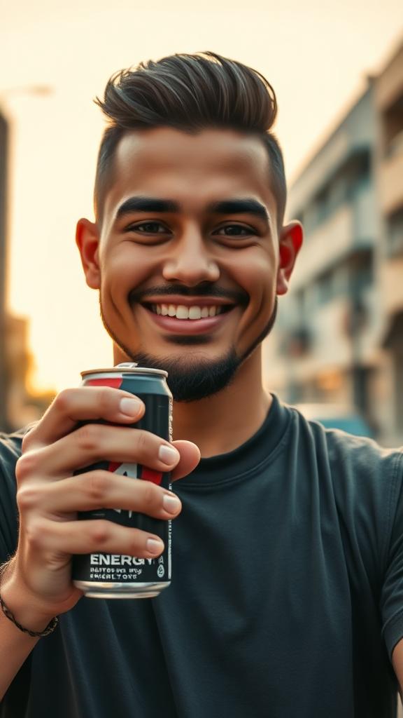 Latino UGC creator showcasing energy drink