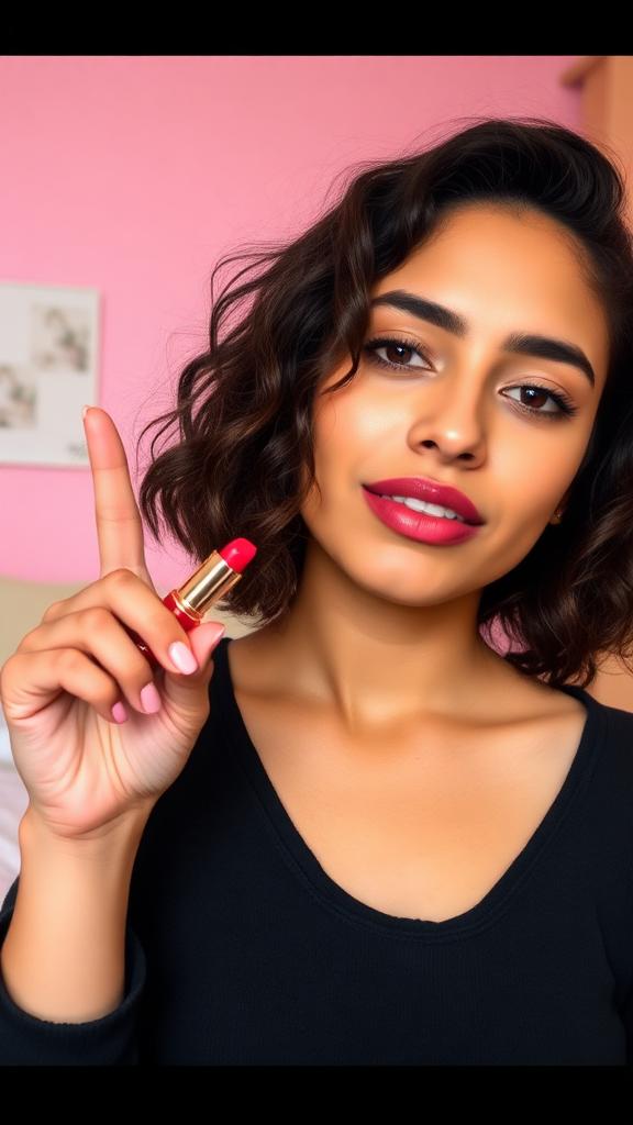 Latina beauty creator showing lipstick shade
